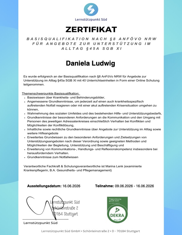 Zertifikat Basisqualifikation für Angebote zur Unterstützung im Alltag nach §45a SGB XI